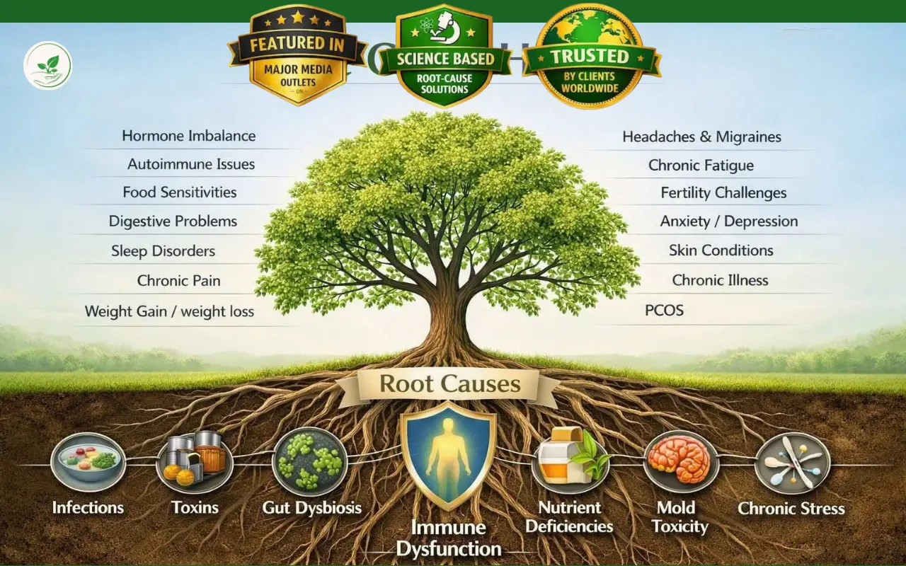 Wholistic Health & Functional Medicine Solutions 6 Root-cause Wholistic Health Tree Showing Symptoms And Underlying Causes Such As Immune Dysfunction, Toxins, And Nutrient Deficiencies.